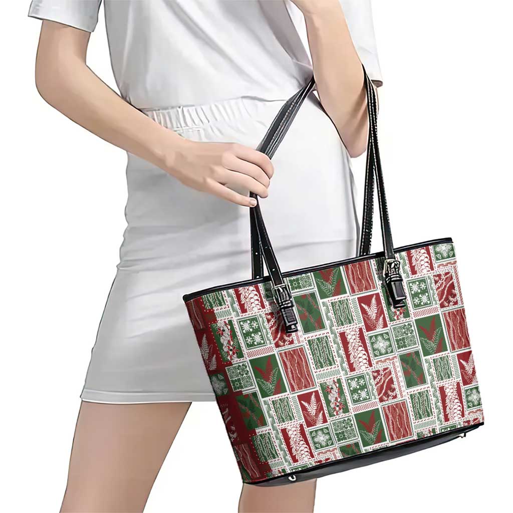 Mele Kalikimaka Hawaiian Quilt and Lei Patchwork Leather Tote Bag LT9 - Polynesian Pride