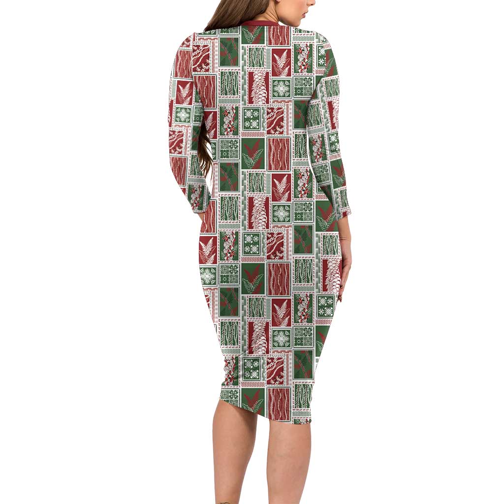 Mele Kalikimaka Hawaiian Quilt and Lei Patchwork Long Sleeve Bodycon Dress LT9 - Polynesian Pride