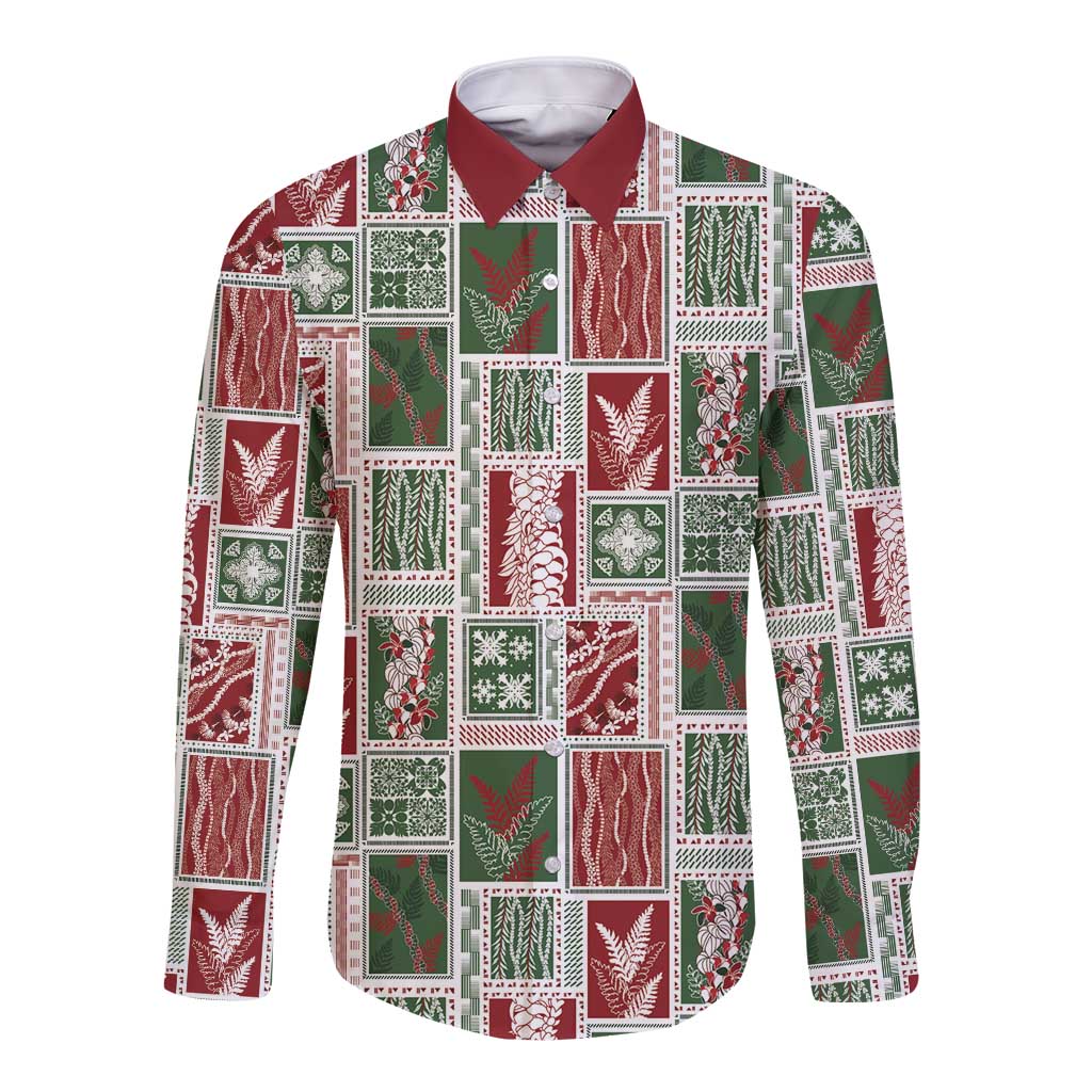 Mele Kalikimaka Hawaiian Quilt and Lei Patchwork Long Sleeve Button Shirt LT9 Unisex Red - Polynesian Pride