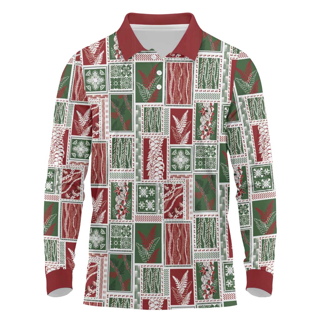 Mele Kalikimaka Hawaiian Quilt and Lei Patchwork Long Sleeve Polo Shirt LT9 Red - Polynesian Pride