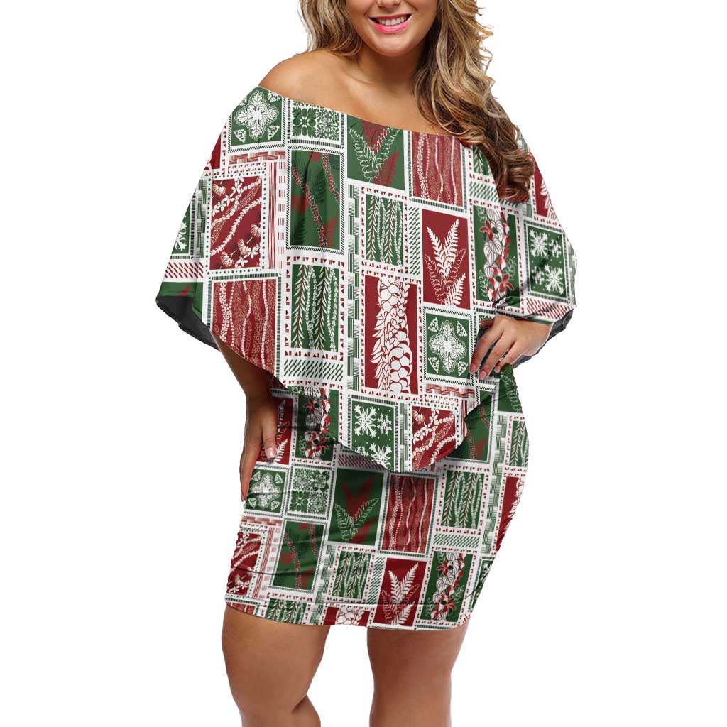 Mele Kalikimaka Hawaiian Quilt and Lei Patchwork Off Shoulder Short Dress LT9 Women Red - Polynesian Pride