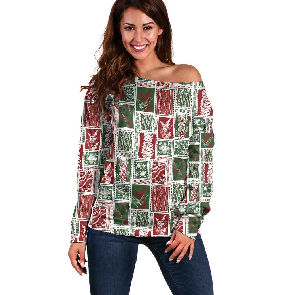 Mele Kalikimaka Hawaiian Quilt and Lei Patchwork Off Shoulder Sweater LT9 Women Red - Polynesian Pride