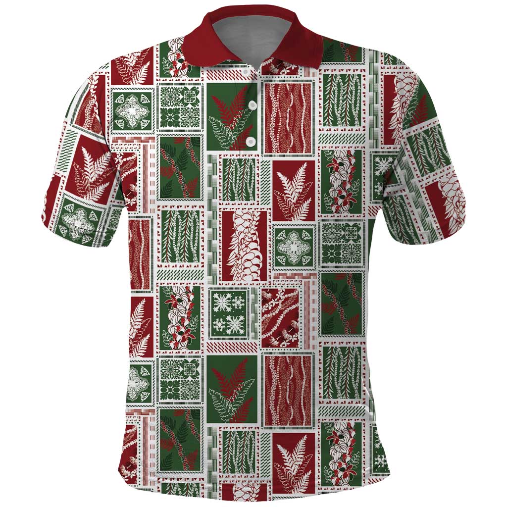 Mele Kalikimaka Hawaiian Quilt and Lei Patchwork Polo Shirt LT9 Red - Polynesian Pride