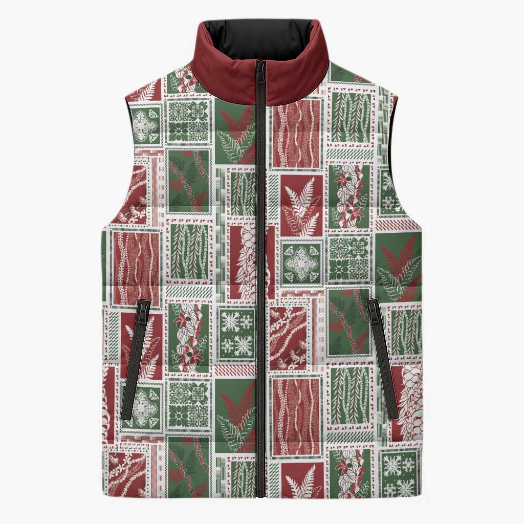 Mele Kalikimaka Hawaiian Quilt and Lei Patchwork Sleeveless Puffer Jacket LT9 Unisex Red - Polynesian Pride