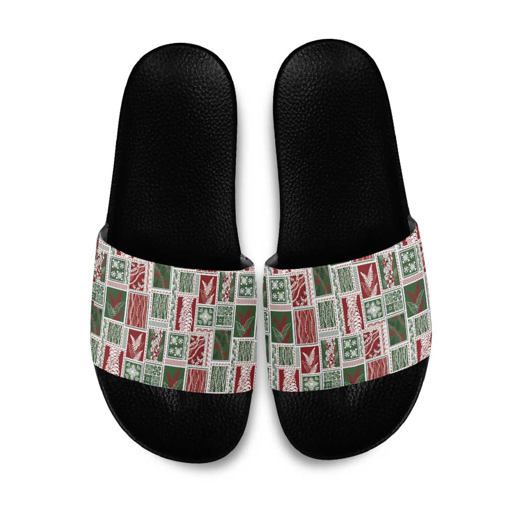 Mele Kalikimaka Hawaiian Quilt and Lei Patchwork Slide Sandals LT9 Red - Polynesian Pride