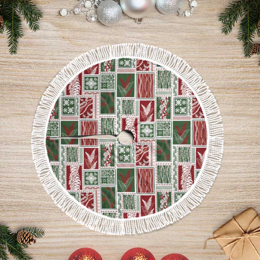 Mele Kalikimaka Hawaiian Quilt and Lei Patchwork Tree Skirt LT9 Fringed Red - Polynesian Pride