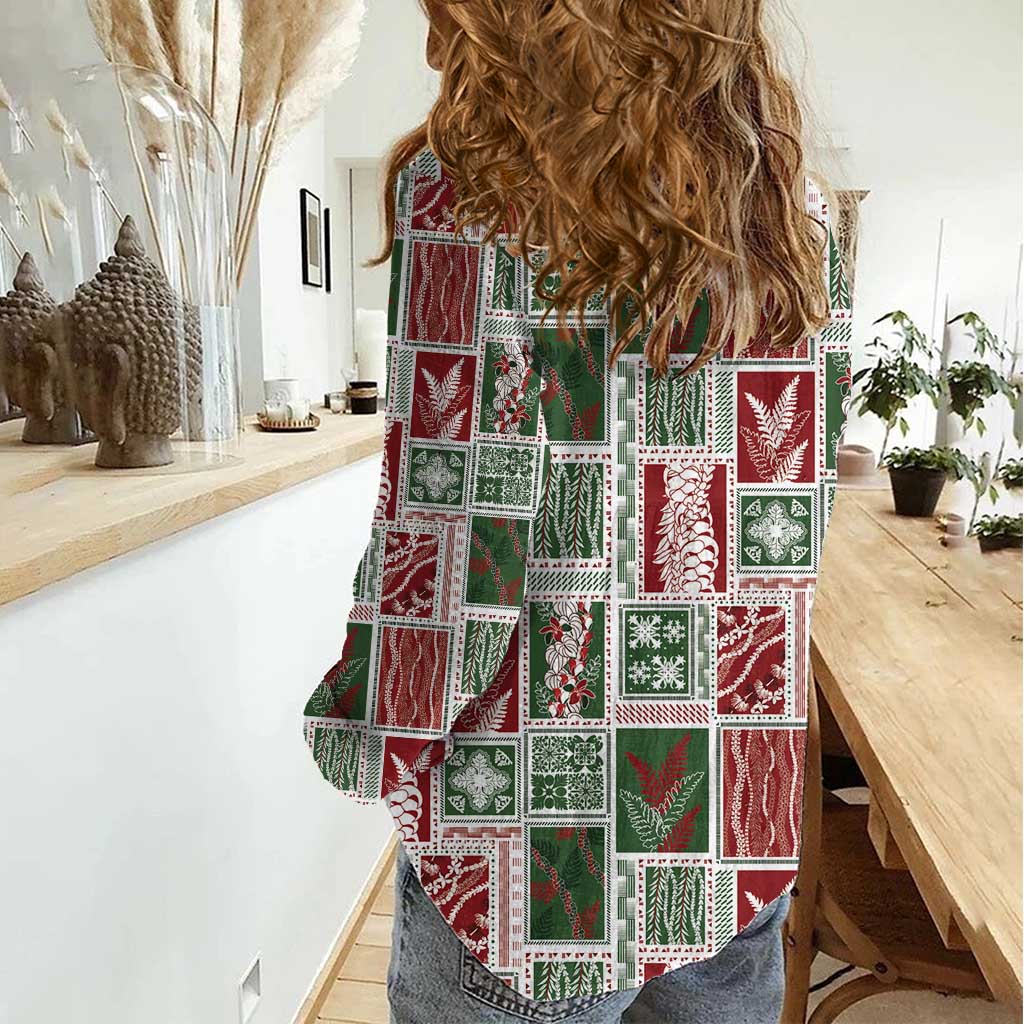 Mele Kalikimaka Hawaiian Quilt and Lei Patchwork Women Casual Shirt LT9 - Polynesian Pride