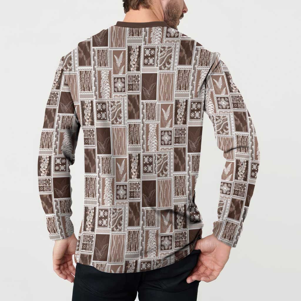 Vintage Aloha Block Quilt Button Sweatshirt Beige Inspired Lei Motifs LT9 - Polynesian Pride