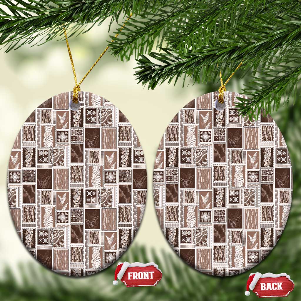 Vintage Aloha Block Quilt Ceramic Ornament Beige Inspired Lei Motifs LT9 Oval Beige - Polynesian Pride