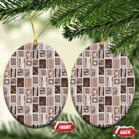 Vintage Aloha Block Quilt Ceramic Ornament Beige Inspired Lei Motifs LT9 Oval Beige - Polynesian Pride