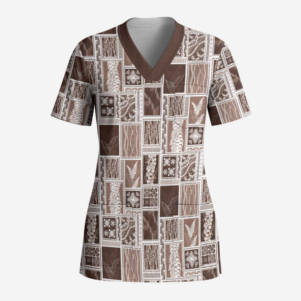 Vintage Aloha Block Quilt Scrub Top Beige Inspired Lei Motifs LT9 Adult Beige - Polynesian Pride