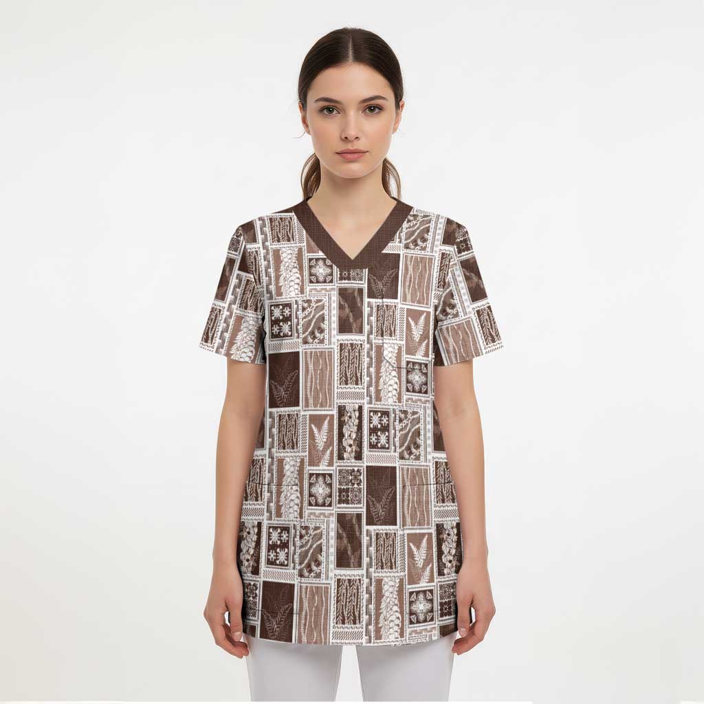Vintage Aloha Block Quilt Scrub Top Beige Inspired Lei Motifs LT9 - Polynesian Pride