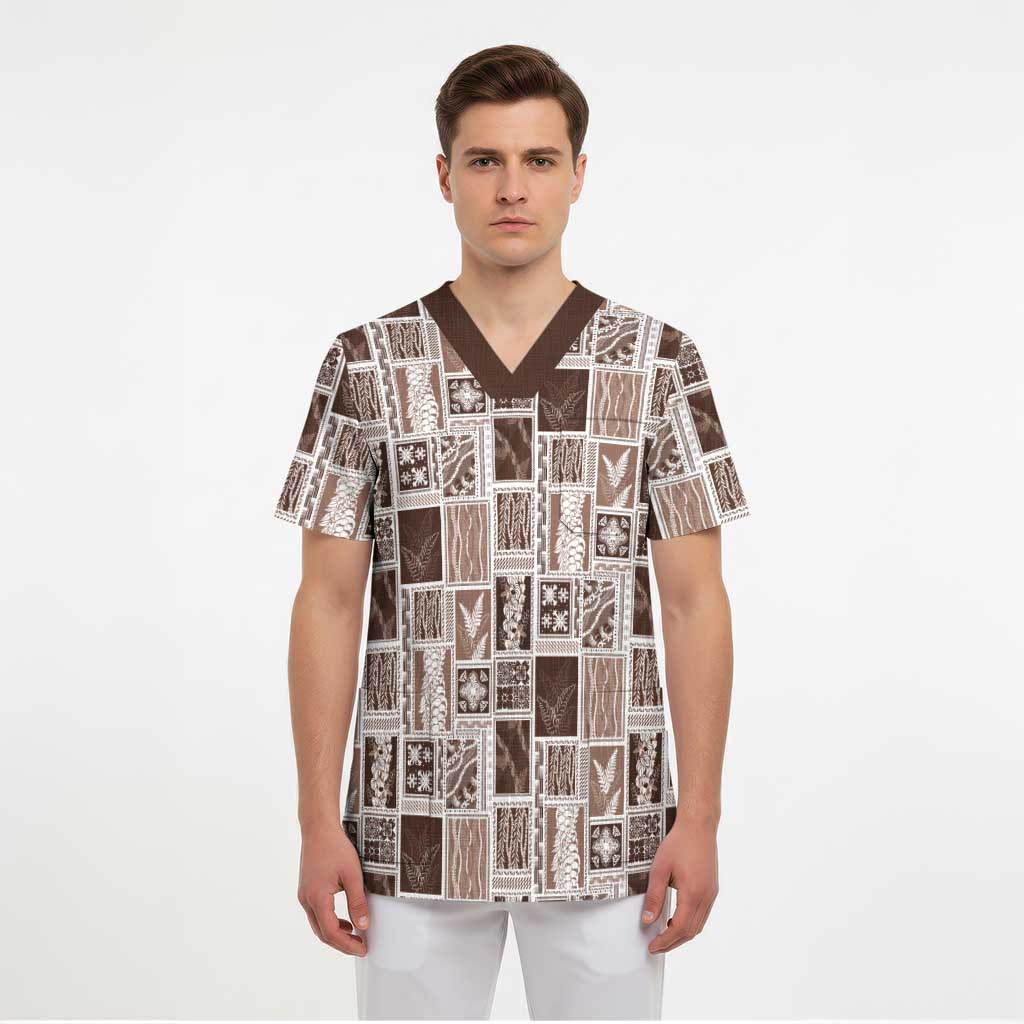 Vintage Aloha Block Quilt Scrub Top Beige Inspired Lei Motifs LT9 - Polynesian Pride