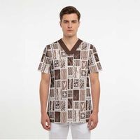 Vintage Aloha Block Quilt Scrub Top Beige Inspired Lei Motifs LT9 - Polynesian Pride