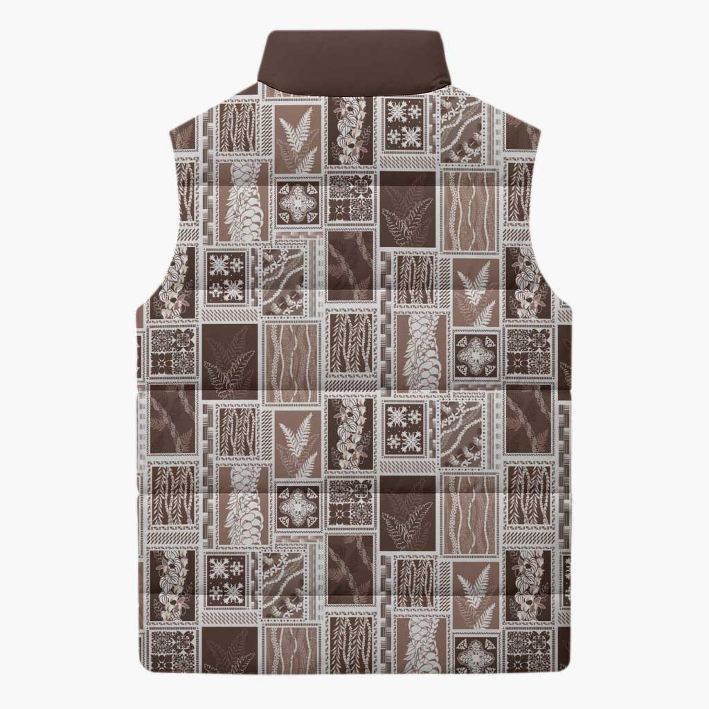 Vintage Aloha Block Quilt Sleeveless Puffer Jacket Beige Inspired Lei Motifs LT9 - Polynesian Pride