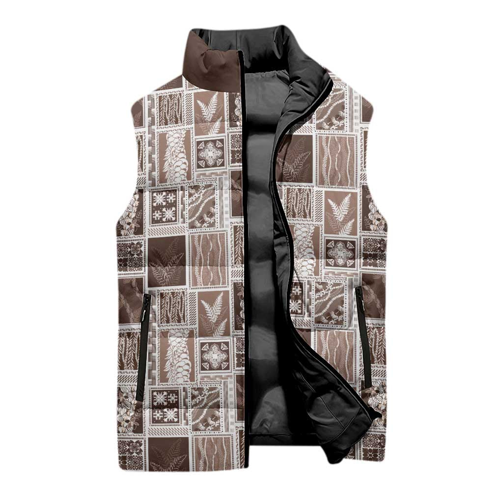 Vintage Aloha Block Quilt Sleeveless Puffer Jacket Beige Inspired Lei Motifs LT9 - Polynesian Pride