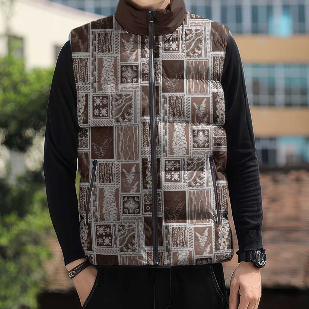 Vintage Aloha Block Quilt Sleeveless Puffer Jacket Beige Inspired Lei Motifs LT9 - Polynesian Pride