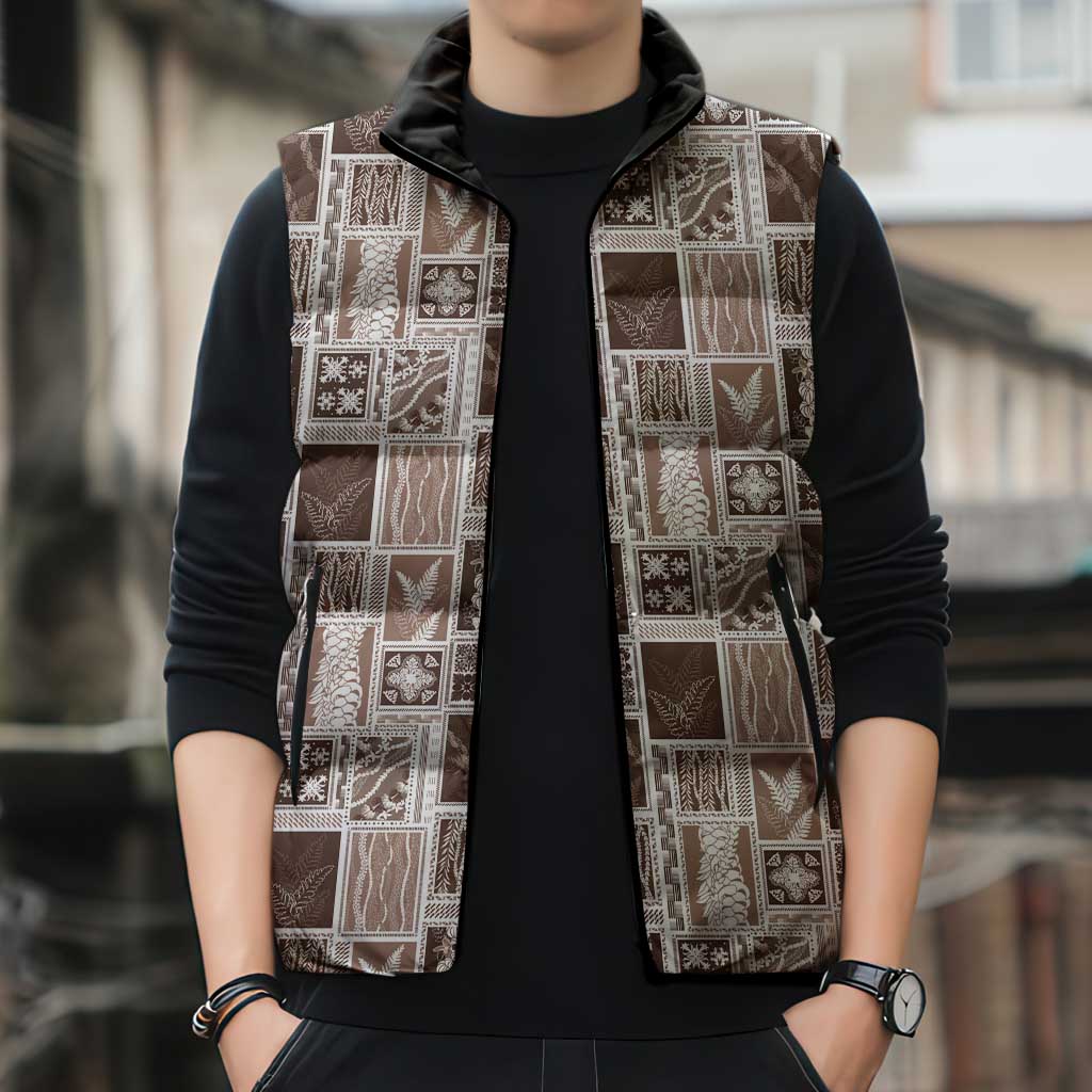 Vintage Aloha Block Quilt Sleeveless Puffer Jacket Beige Inspired Lei Motifs LT9 - Polynesian Pride