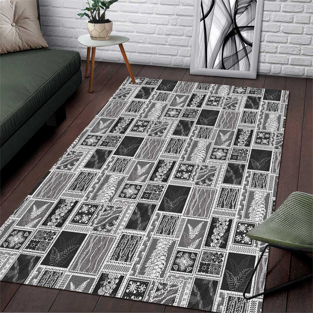 Vintage Aloha Block Quilt Area Rug Black Inspired Lei Motifs LT9 Black - Polynesian Pride