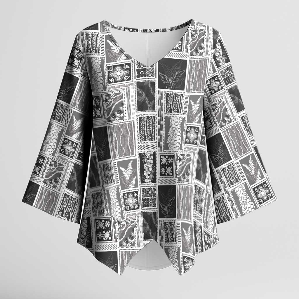 Vintage Aloha Block Quilt Kimono Sleeve Blouse Black Inspired Lei Motifs LT9 Female Black - Polynesian Pride