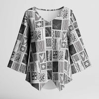 Vintage Aloha Block Quilt Kimono Sleeve Blouse Black Inspired Lei Motifs LT9 Female Black - Polynesian Pride