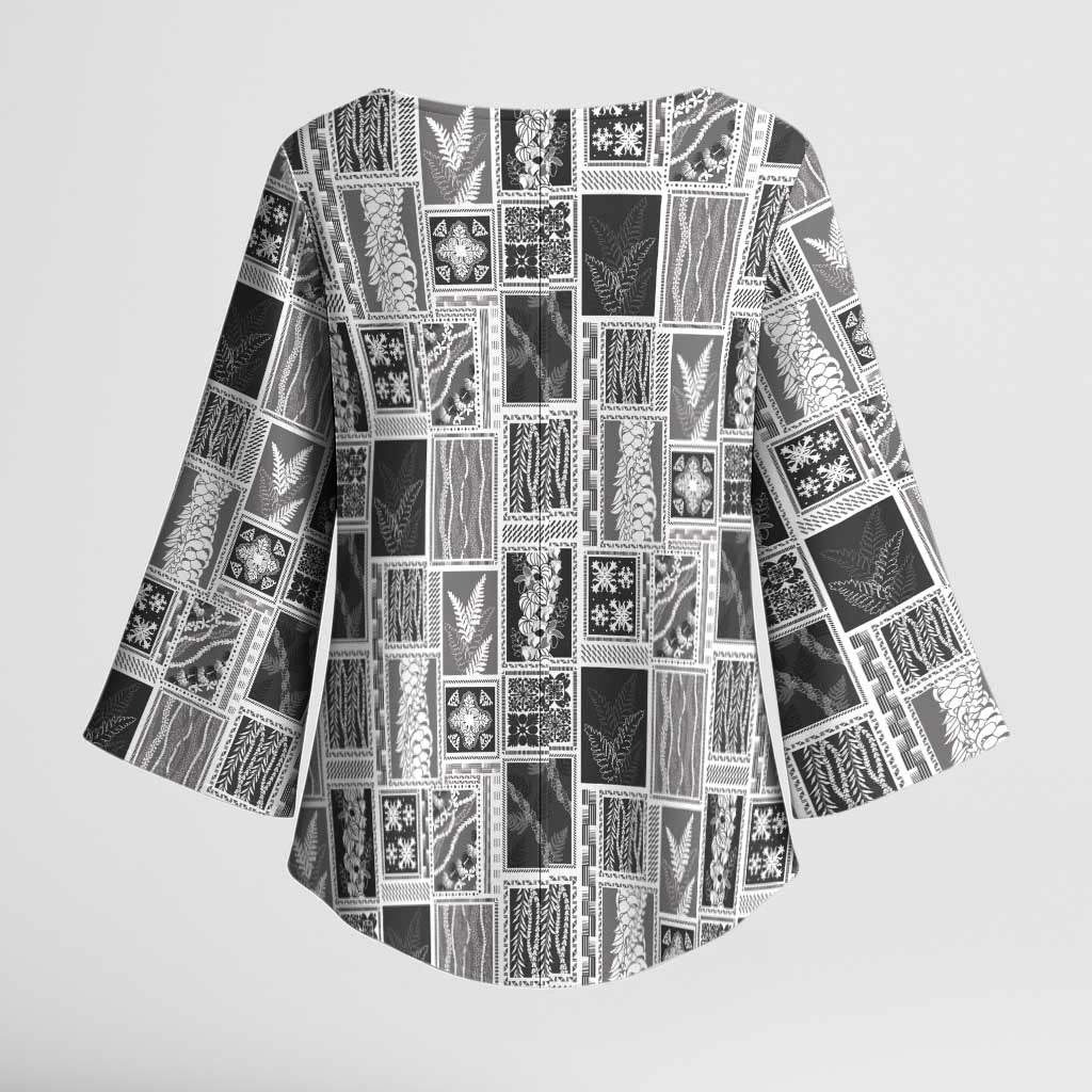 Vintage Aloha Block Quilt Kimono Sleeve Blouse Black Inspired Lei Motifs LT9 - Polynesian Pride
