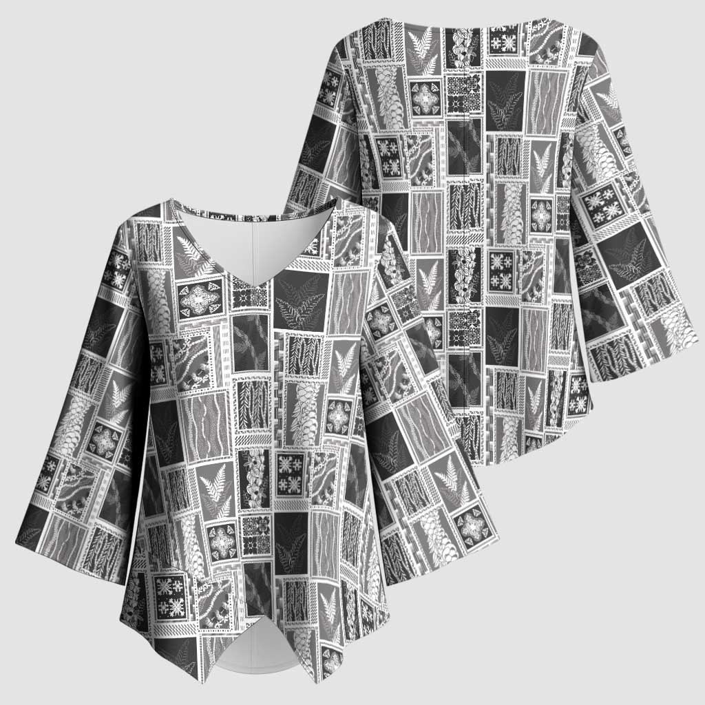 Vintage Aloha Block Quilt Kimono Sleeve Blouse Black Inspired Lei Motifs LT9 - Polynesian Pride