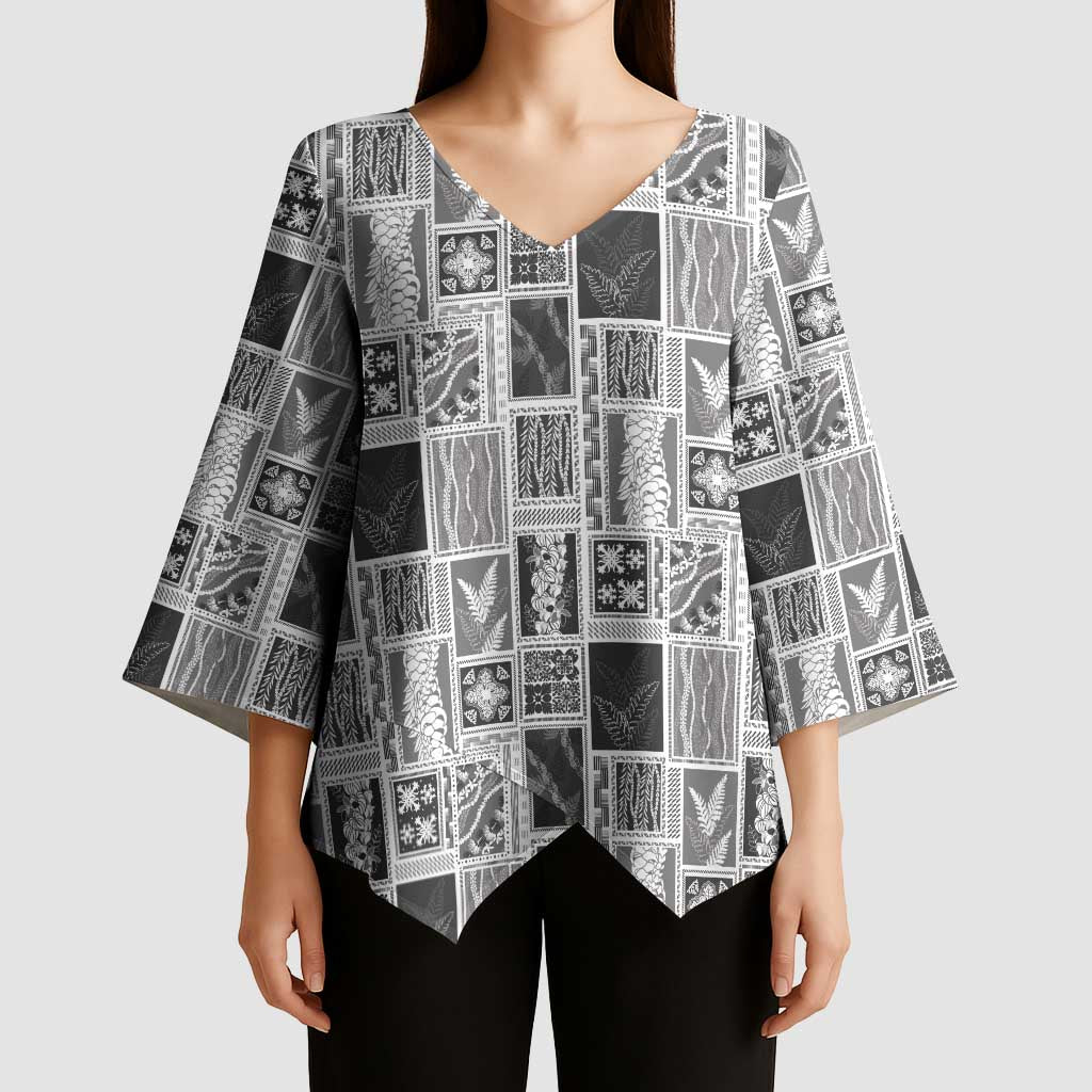 Vintage Aloha Block Quilt Kimono Sleeve Blouse Black Inspired Lei Motifs LT9 - Polynesian Pride