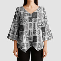 Vintage Aloha Block Quilt Kimono Sleeve Blouse Black Inspired Lei Motifs LT9 - Polynesian Pride
