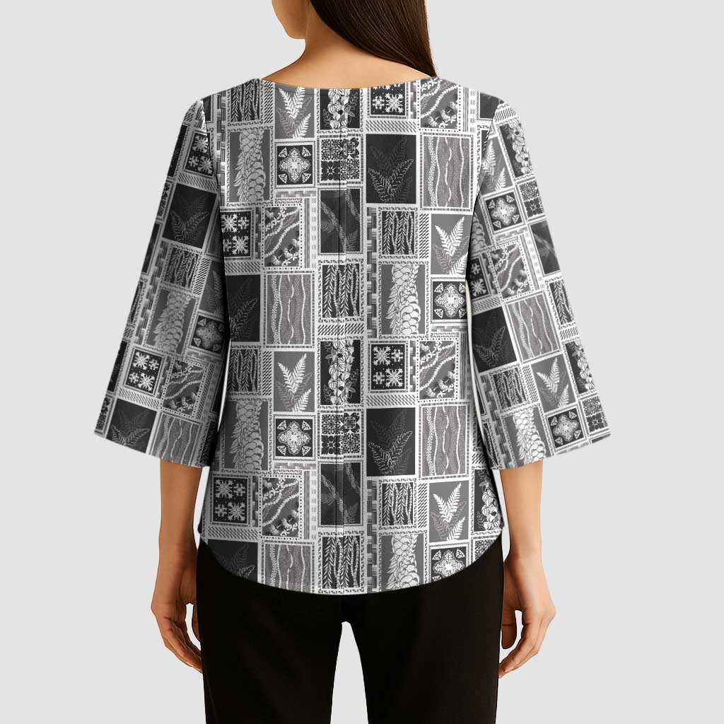 Vintage Aloha Block Quilt Kimono Sleeve Blouse Black Inspired Lei Motifs LT9 - Polynesian Pride