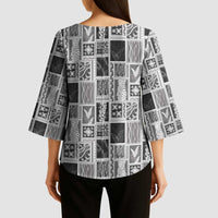 Vintage Aloha Block Quilt Kimono Sleeve Blouse Black Inspired Lei Motifs LT9 - Polynesian Pride