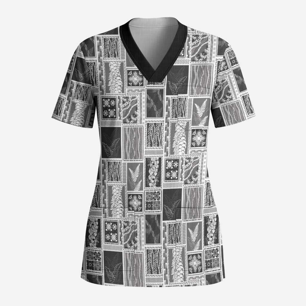 Vintage Aloha Block Quilt Scrub Top Black Inspired Lei Motifs LT9 Adult Black - Polynesian Pride