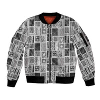 Vintage Aloha Block Quilt Sleeve Zip Bomber Jacket Black Inspired Lei Motifs LT9 Unisex Black - Polynesian Pride