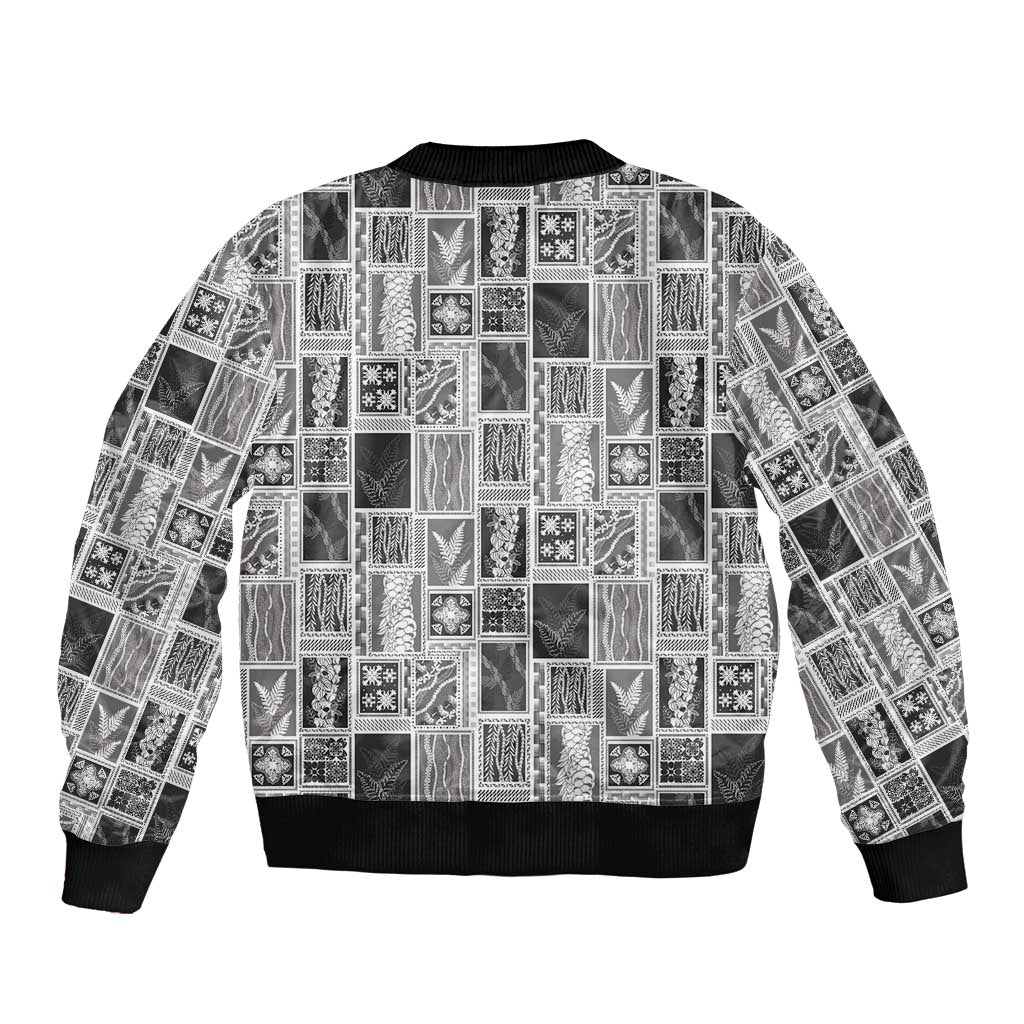 Vintage Aloha Block Quilt Sleeve Zip Bomber Jacket Black Inspired Lei Motifs LT9 - Polynesian Pride