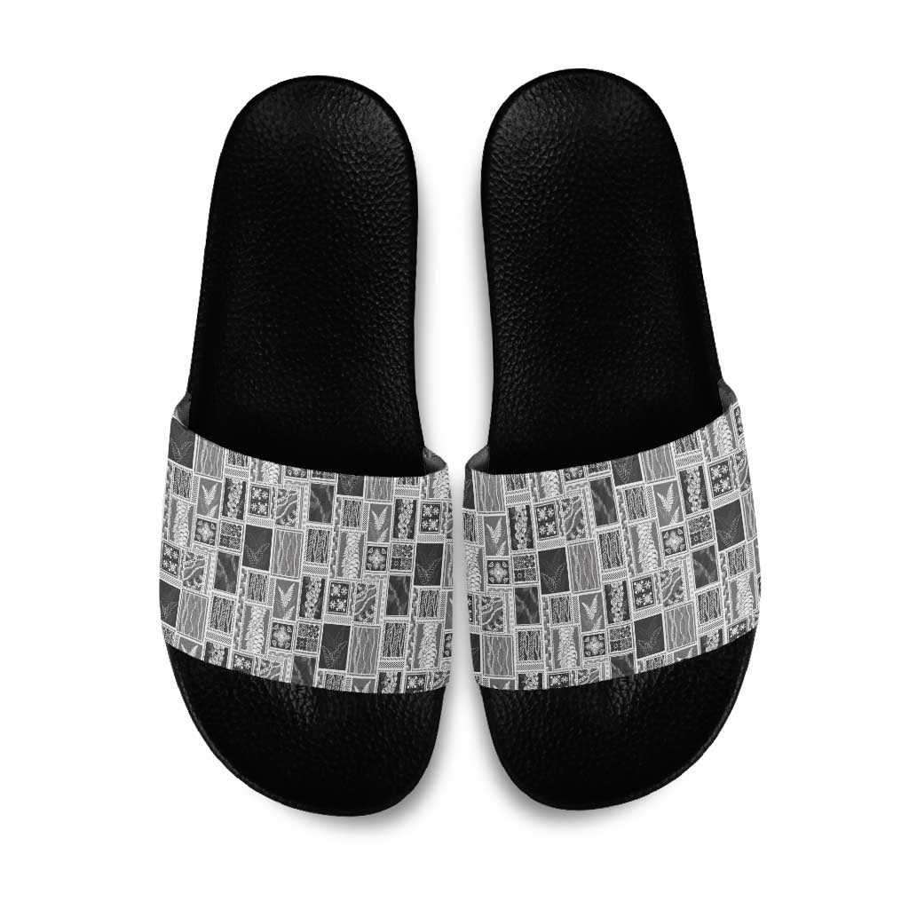 Vintage Aloha Block Quilt Slide Sandals Black Inspired Lei Motifs LT9 Black - Polynesian Pride