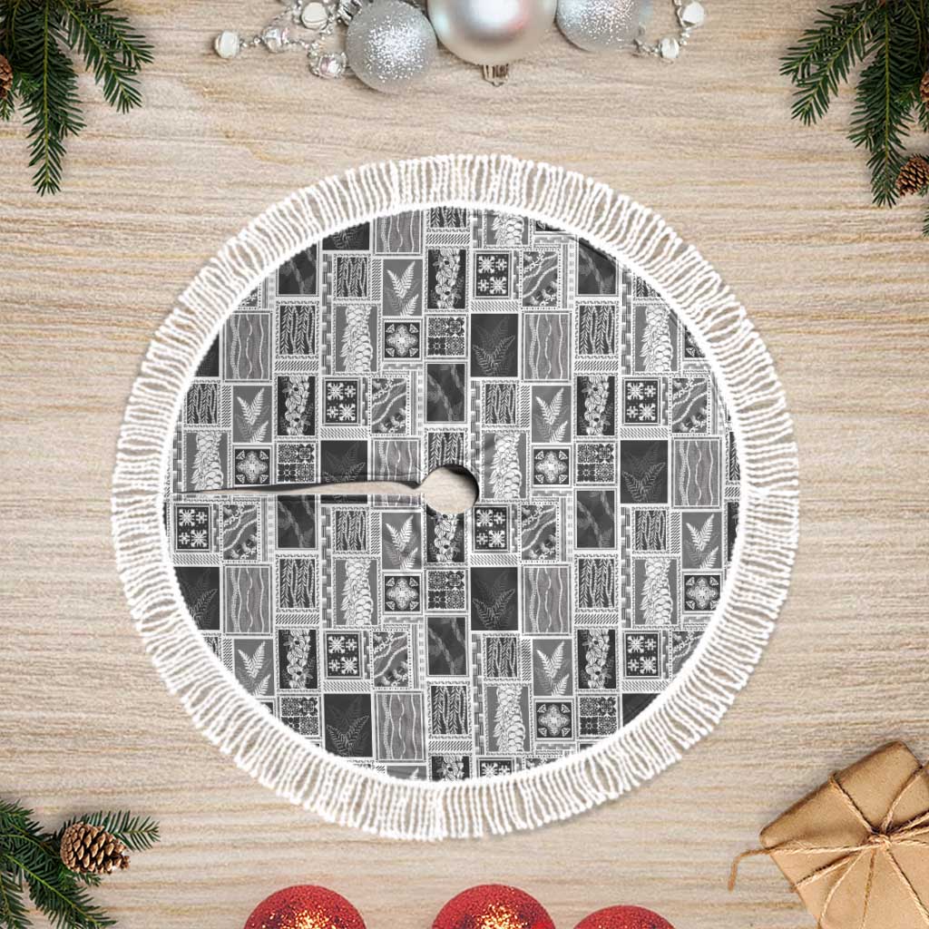 Vintage Aloha Block Quilt Tree Skirt Black Inspired Lei Motifs LT9 Fringed Black - Polynesian Pride