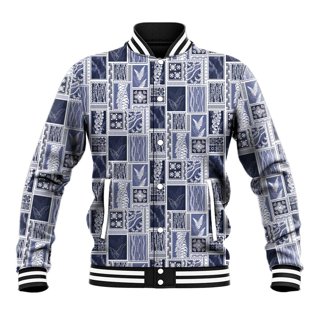 Vintage Aloha Block Quilt Baseball Jacket Blue Inspired Lei Motifs LT9 Unisex Blue - Polynesian Pride