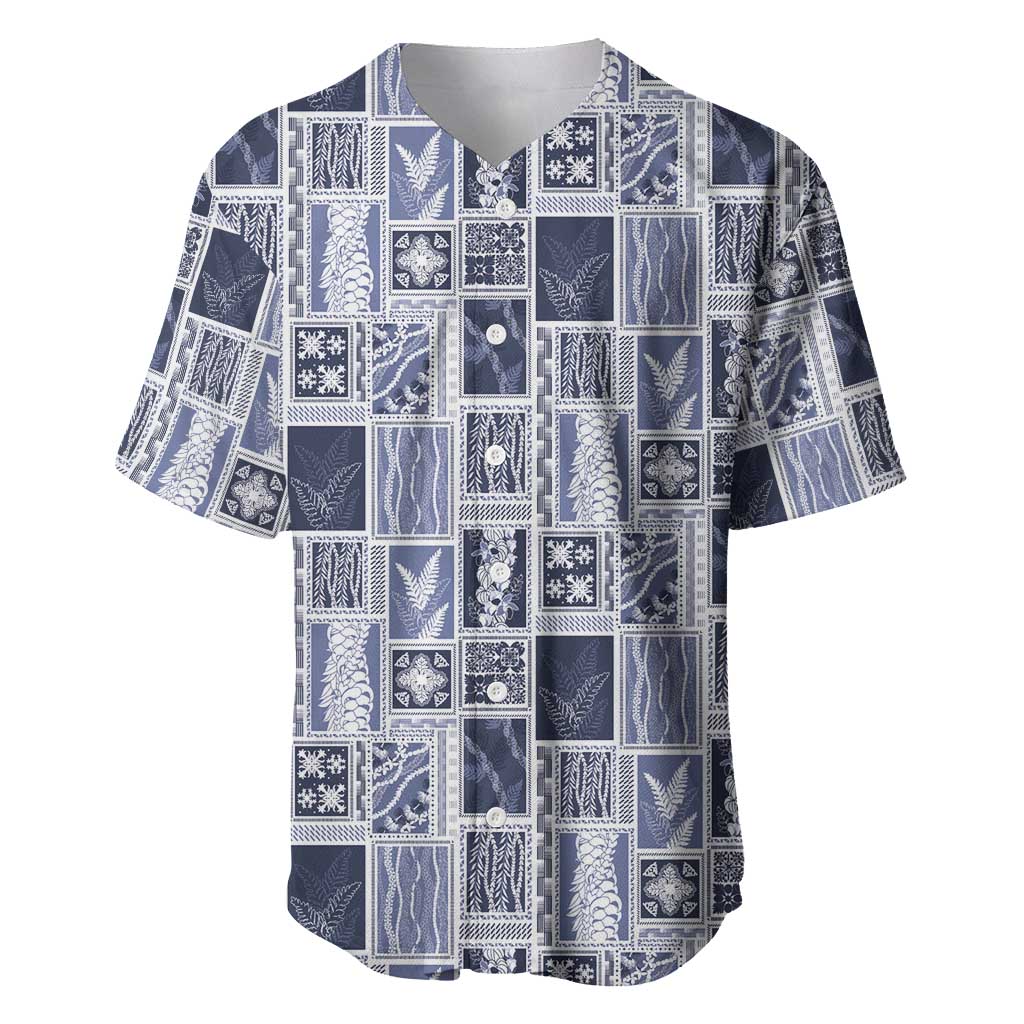 Vintage Aloha Block Quilt Baseball Jersey Blue Inspired Lei Motifs LT9 Blue - Polynesian Pride