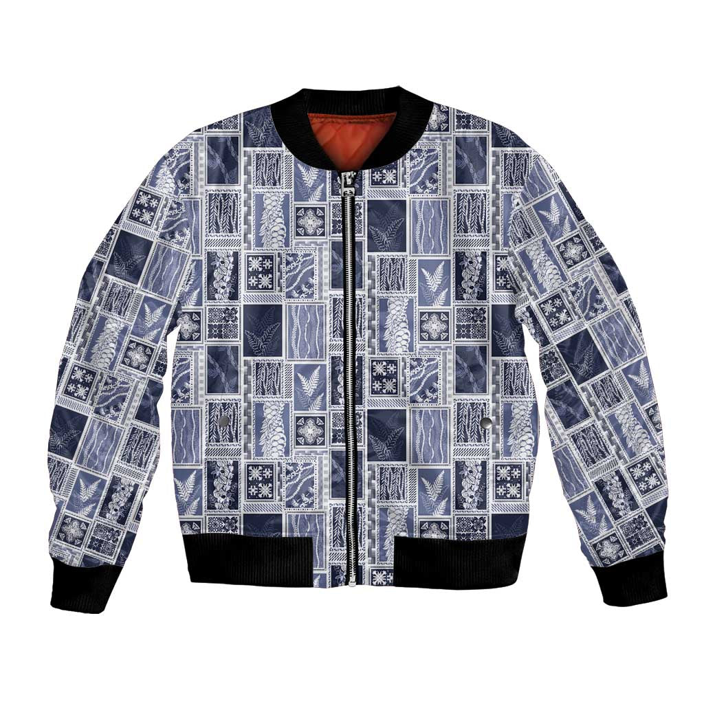 Vintage Aloha Block Quilt Bomber Jacket Blue Inspired Lei Motifs LT9 Unisex Blue - Polynesian Pride