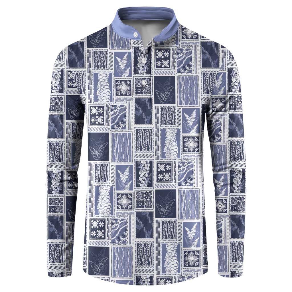 Vintage Aloha Block Quilt Button Sweatshirt Blue Inspired Lei Motifs LT9 Blue - Polynesian Pride