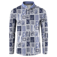Vintage Aloha Block Quilt Button Sweatshirt Blue Inspired Lei Motifs LT9 Blue - Polynesian Pride