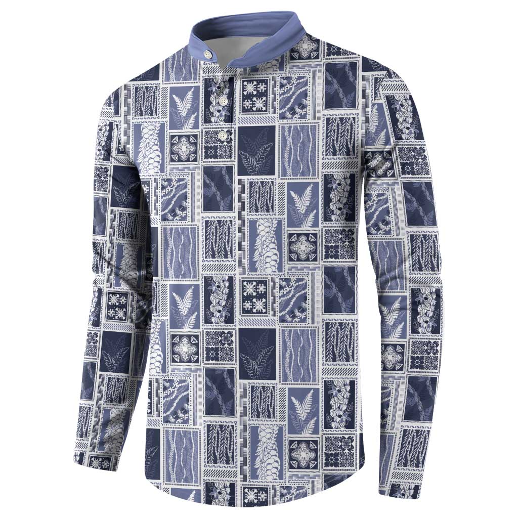 Vintage Aloha Block Quilt Button Sweatshirt Blue Inspired Lei Motifs LT9 - Polynesian Pride