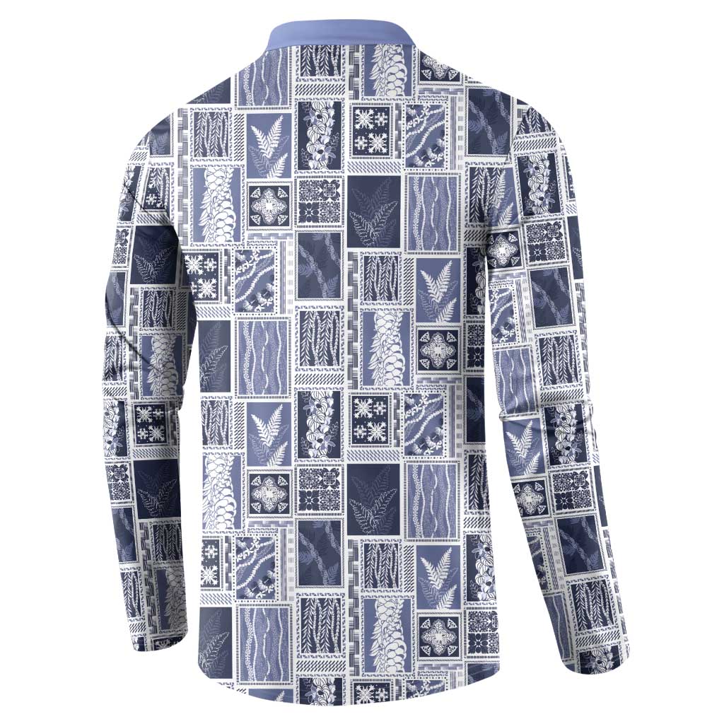 Vintage Aloha Block Quilt Button Sweatshirt Blue Inspired Lei Motifs LT9 - Polynesian Pride