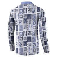 Vintage Aloha Block Quilt Button Sweatshirt Blue Inspired Lei Motifs LT9 - Polynesian Pride