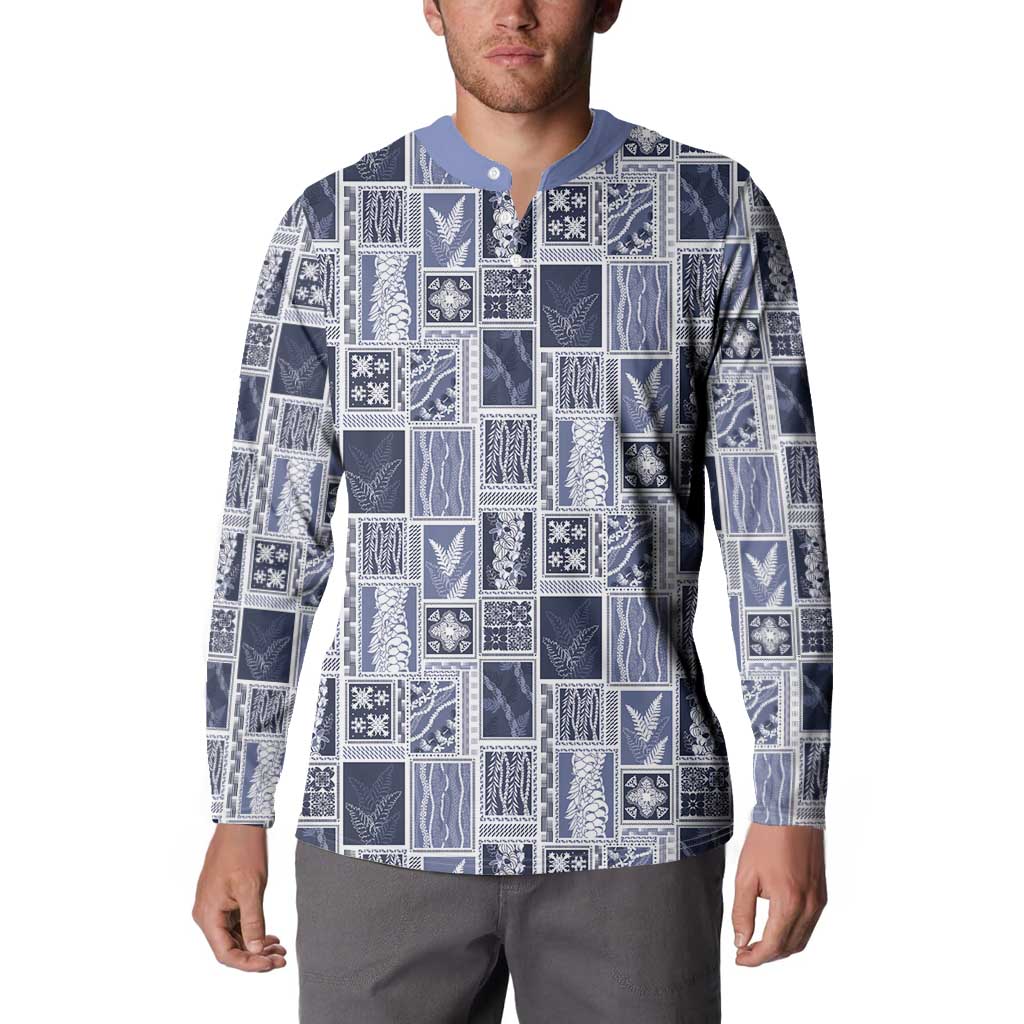Vintage Aloha Block Quilt Button Sweatshirt Blue Inspired Lei Motifs LT9 - Polynesian Pride