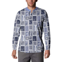 Vintage Aloha Block Quilt Button Sweatshirt Blue Inspired Lei Motifs LT9 - Polynesian Pride