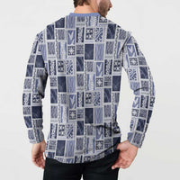 Vintage Aloha Block Quilt Button Sweatshirt Blue Inspired Lei Motifs LT9 - Polynesian Pride