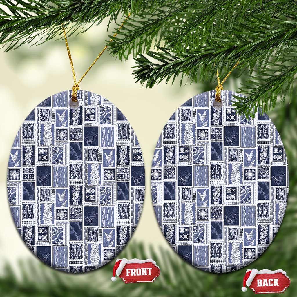 Vintage Aloha Block Quilt Ceramic Ornament Blue Inspired Lei Motifs LT9 Oval Blue - Polynesian Pride