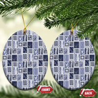 Vintage Aloha Block Quilt Ceramic Ornament Blue Inspired Lei Motifs LT9 Oval Blue - Polynesian Pride