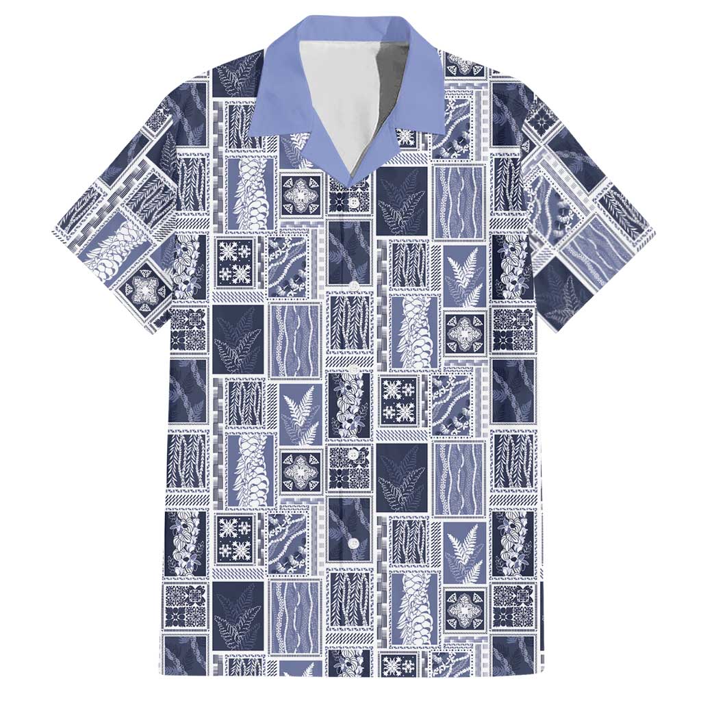 Vintage Aloha Block Quilt Hawaiian Shirt Blue Inspired Lei Motifs LT9 Blue - Polynesian Pride